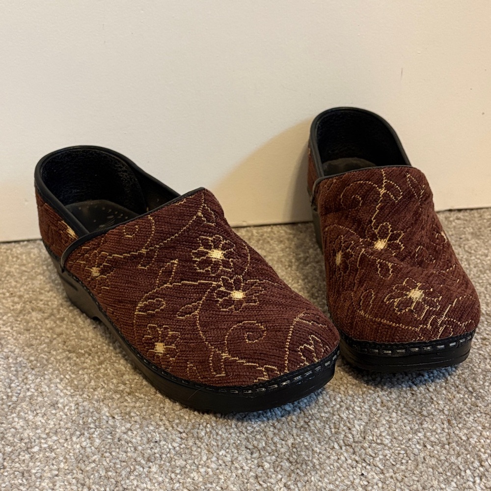 Dansko Floral Embroidered Brown Clogs